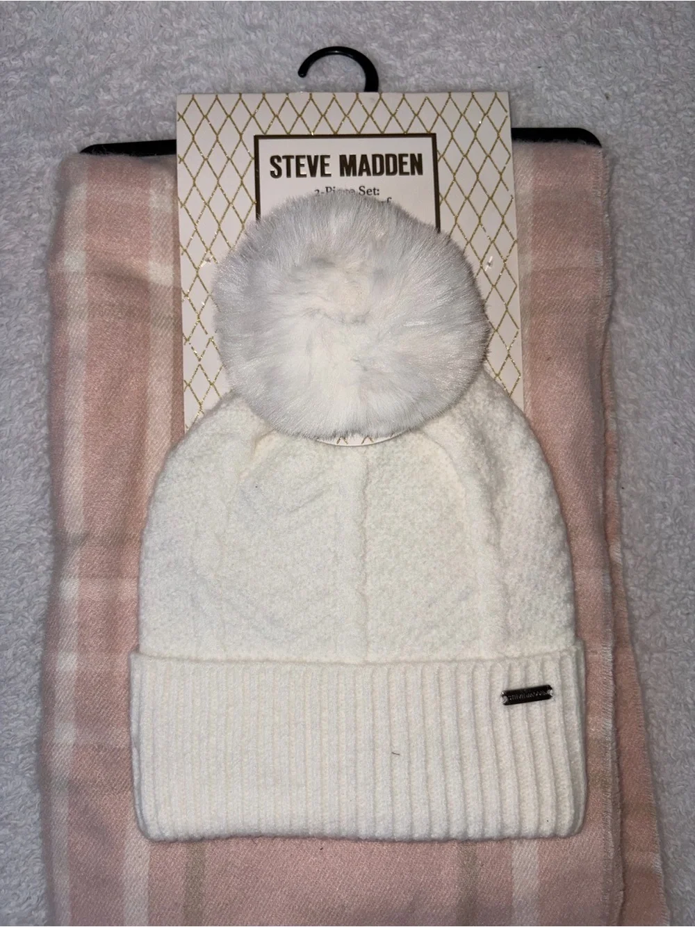 Steve Madden Cream Knit Pom Beanie with Blush Plaid Scarf Set